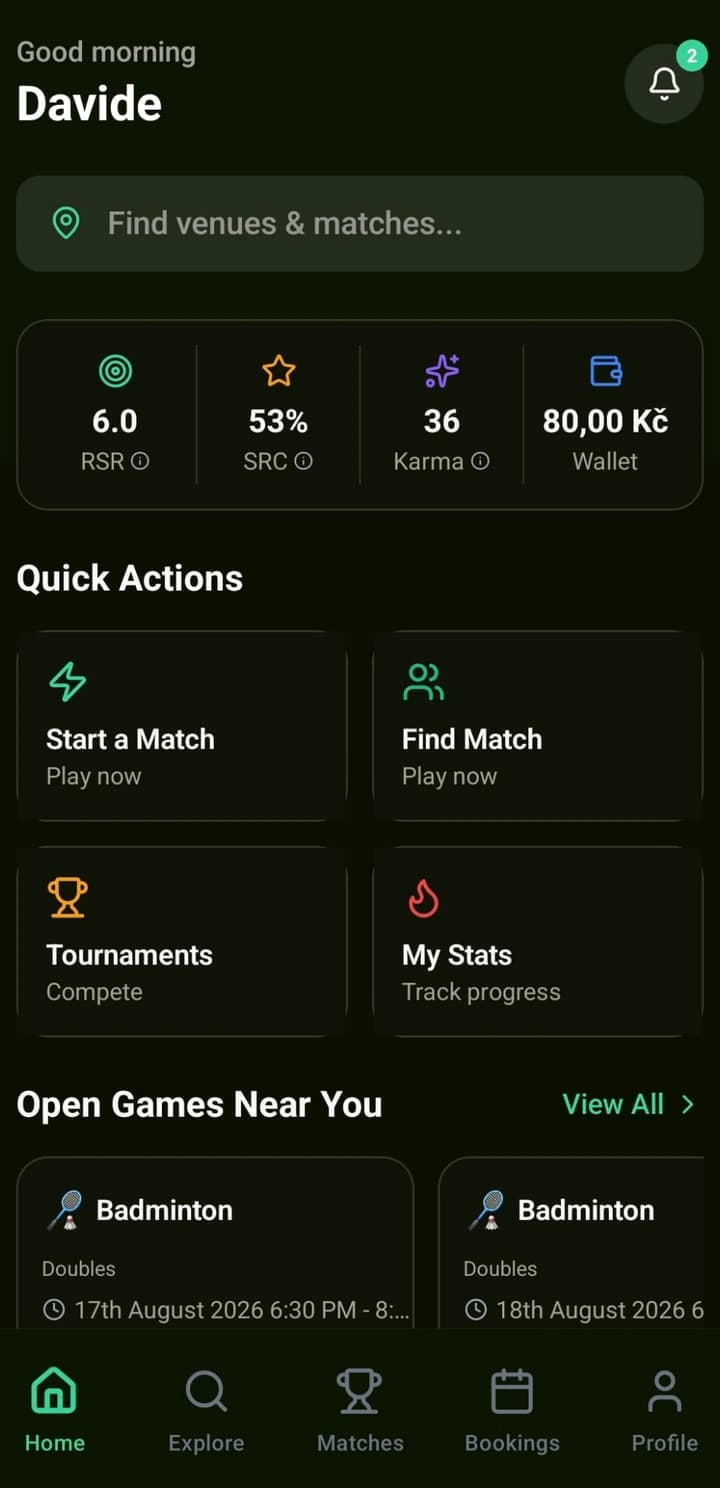 RacketMania app home screen showing skill rating, quick actions, and open badminton games nearby