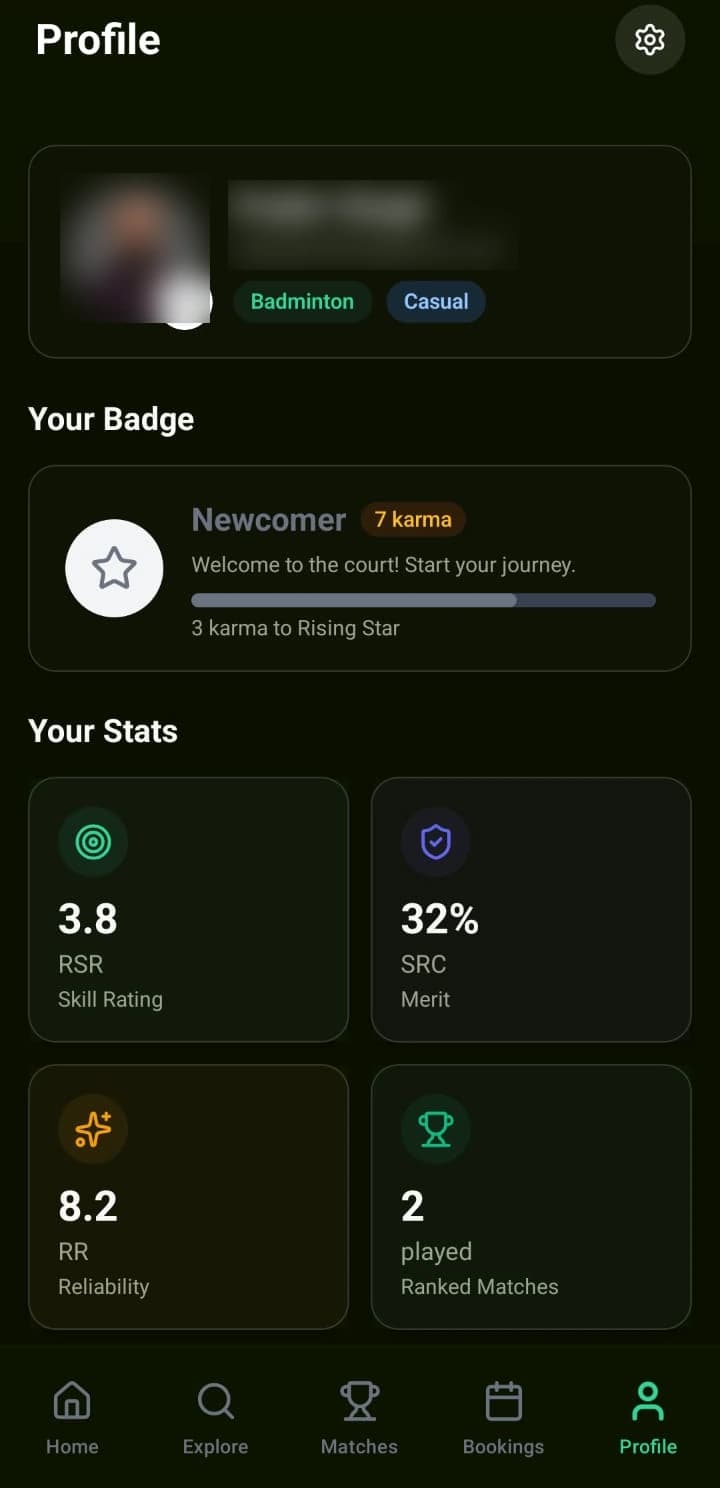 RacketMania app profile screen showing skill rating, confidence, reliability and matches played