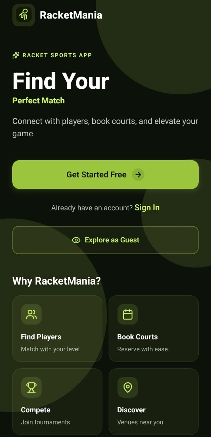 RacketMania app welcome screen, offering to get started free, sign in, or explore as a guest